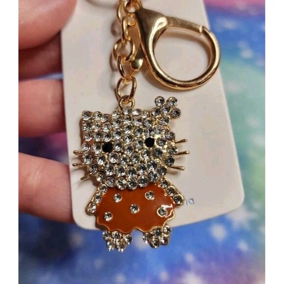 Hello Kitty Brown Dress Rhinestone Keychain With Clip Bling Sanrio Character - Picture 2 of 4